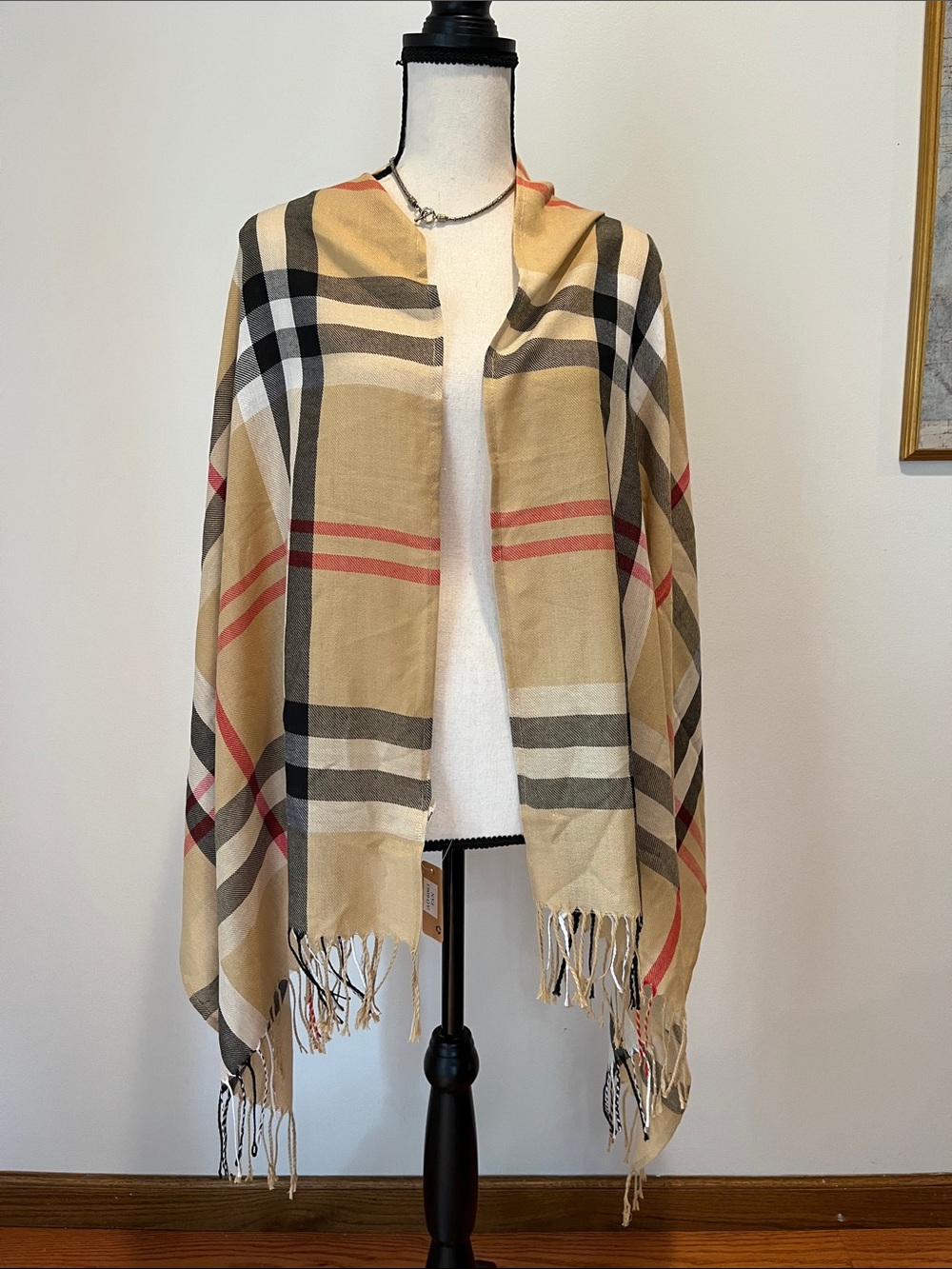 🆕 Odiva Tan Plaid Oversized Fringe Scarf Shawl Wrap